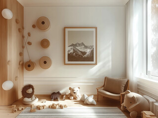 Cozy children's playroom with plush toys and natural light in a serene setting