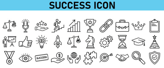 Success line icon set. Contains icons Award, Trophy, Medal, Crown, Winners Podium, Congratulating, Certificate. Vector Icons collection