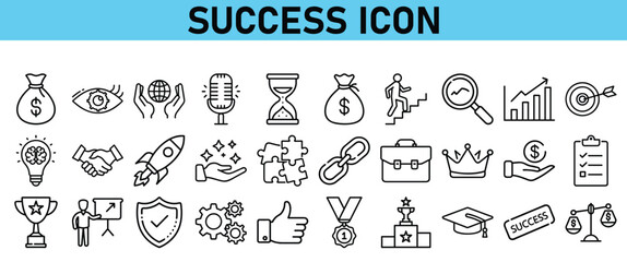 Success line icon set. Contains icons Award, Trophy, Medal, Crown, Winners Podium, Congratulating, Certificate. Vector Icons collection