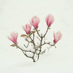 Fototapeta premium Pink magnolia blooms in snowy landscape: nature's contrast of delicate beauty