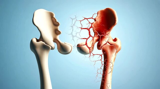 A side-by-side comparison of a normal pelvis and a cancer-affected hip bone, showcasing the aggressive changes caused by the tumor. The affected side appears brittle, cracked, and