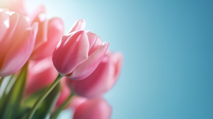 Close up of pink tulips in sunlight against a bright blue sky background with copy space.