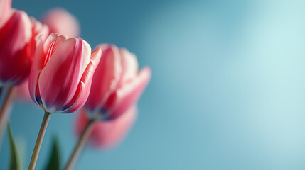 Close up of pink tulips in sunlight against a bright blue sky background with copy space.