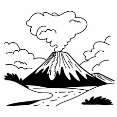 Volcanic eruption illustration against clouds and landscape  
