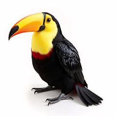 Fototapeta premium 3D render of a black, yellow, red and orange toucan bird with a yellow beak perched on a white surface. The bird has a black body with a bright yellow and red beak.