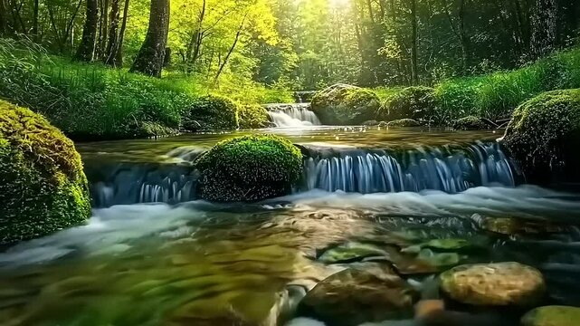 Serene forest stream with sunlight filtering through trees, showcasing vibrant greenery and tranquility