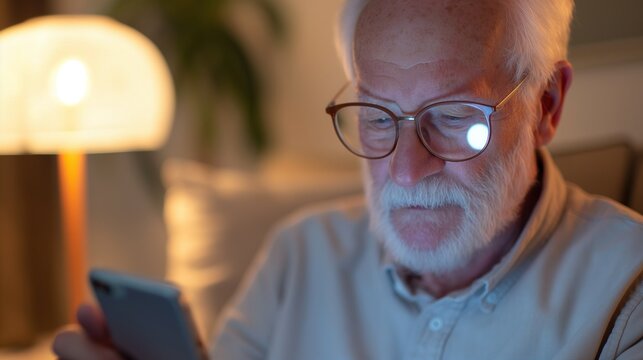 Elderly man with glasses and white beard focusing on smartphone portrait image. Digital literacy. Online browsing photography human scene. Senior lifestyle concept photo-realistic - Powered by Adobe