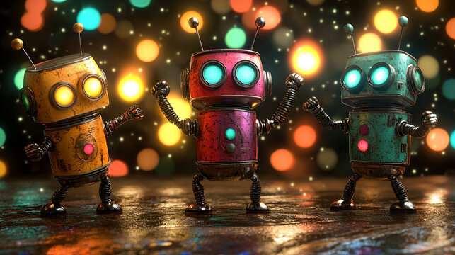 Three retro robots dancing, festive lights background, digital art, party scene