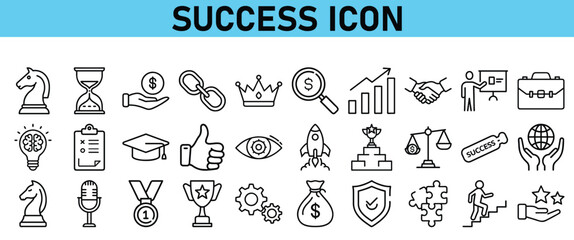 Success line icon set. Contains icons Award, Trophy, Medal, Crown, Winners Podium, Congratulating, Certificate. Vector Icons collection