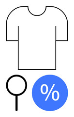 Simple T-shirt outline, magnifying glass, and percentage sign in blue circle. Ideal for e-commerce, sales, fashion, retail, discount promotions shopping marketing strategies. Modern abstract line