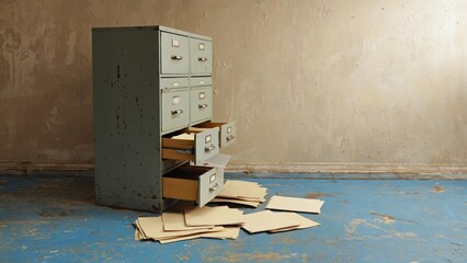 A dilapidated cabinet with drawers missing, lying on the floor amidst scattered shredded paper, suggesting an act of vandalism or abandonment in a neglected office environment.