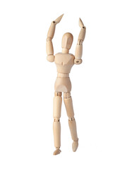A Wooden dummy with raised hands, striking a dynamic pose. A Poseable figure and Articulated mannequin capture energy and movement, perfect for artists and creating expressive, dynamic sketches.