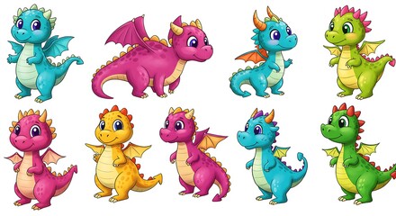 Obraz premium Set of colorful baby dragon, clip art on white background.