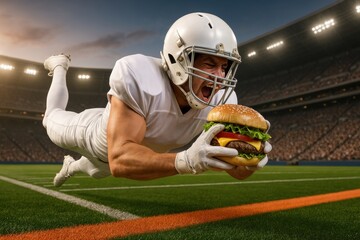 Hungry football player in white uniform dives on field, holding large delicious burger, ready to eat it. Stadium lit with bright lights. Concept of food and drinks