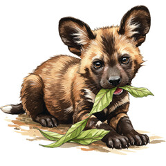 Painted dog puppy chewing on leaves lying down looking at the viewer