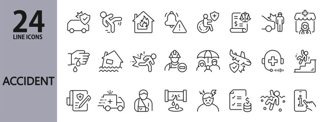 Accident line icons set with Crash, Insurance, Pain, Fire, Catastrophe, Injury and more. Editable Stroke