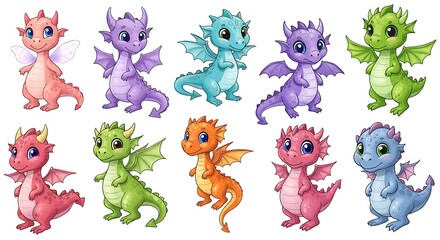 Naklejka premium Set of colorful baby dragon, clip art on white background.