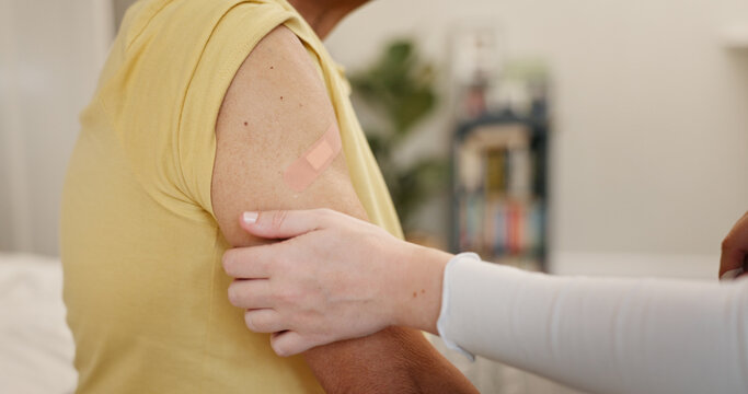 Physiotherapy, plaster and hands of person with patient for medical care, support and consultation. Health, bandage and chiropractor with injection for muscle relaxer, cortisone and physical therapy