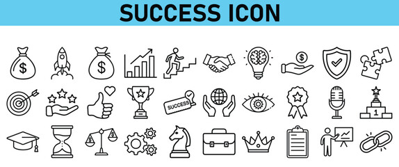 Success line icon set. Contains icons Award, Trophy, Medal, Crown, Winners Podium, Congratulating, Certificate. Vector Icons collection