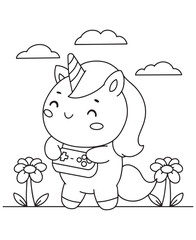 Coloring book unicorn holding a video game controller, standing between flowers under a cloudy sky.