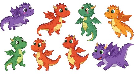 Set of colorful baby dragon, clip art on white background.