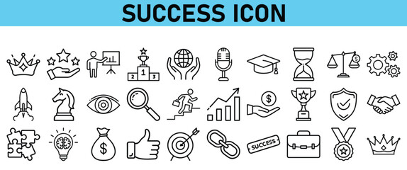 Success line icon set. Contains icons Award, Trophy, Medal, Crown, Winners Podium, Congratulating, Certificate. Vector Icons collection
