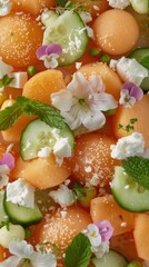 Obraz premium Refreshing summer salad with cantaloupe, cucumber, and edible flowers prepared for a vibrant outdoor gathering