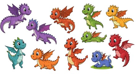 Obraz premium Set of colorful baby dragon, clip art on white background.