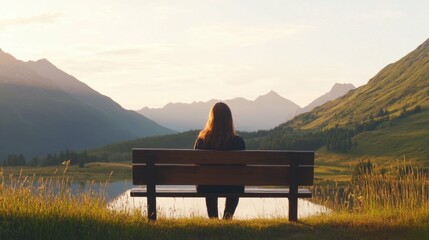 Young caucasian female sitting on bench overlooking mountainous landscape at sunset