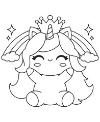 Coloring book unicorn princess wearing a crown, surrounded by a rainbow, clouds, and sparkles