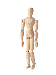 A Wooden dummy stands tall, perfectly balanced like a Poseable figure. This Articulated mannequin and Wooden model captures a stable pose, ideal for artists and creating dynamic sketches.