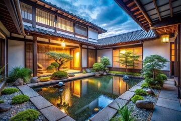 Fototapeta premium Luxurious Modern Japanese Home with Private Courtyard, Koi Pond, and Zen Garden at Evening
