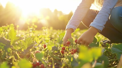 Young caucasian girl harvesting strawberries in sunlit garden