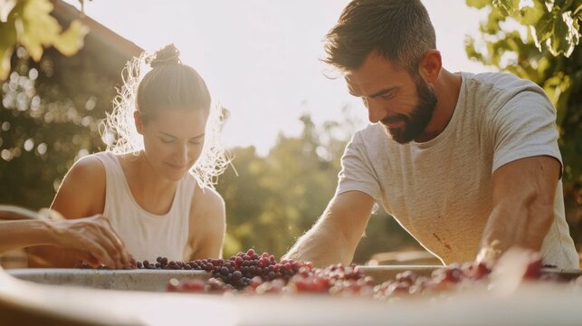 Young caucasian adults harvesting grapes in sunlit vineyard
