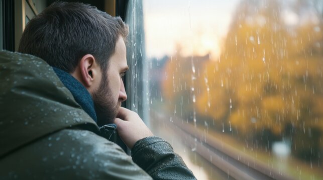 Caucasian male adult gazing out rain-soaked train window in autumn