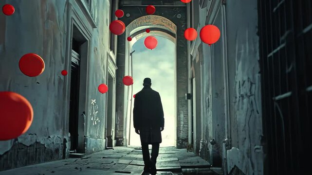 A lone individual in a long coat walks through a deserted, graffiti-covered corridor inside a dilapidated building. Bright red spheres hover in the air, creating a surreal atmosphere.
