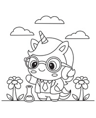 Coloring book unicorn scientist wearing glasses and a tie, holding a flask, standing between flowers under a cloudy sky.