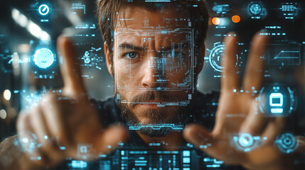 Portrait of young man working with futuristic user interface. Technology concept