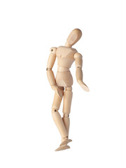 A Wooden dummy stands tall, perfectly balanced like a Poseable figure. This Articulated mannequin and Wooden model captures a stable pose, ideal for artists and creating dynamic sketches.