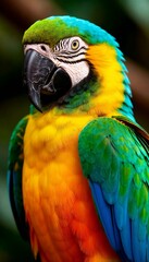 Obraz premium Macaw Portrait with Vibrant Plumage Against Dark Green Background