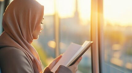 Asian female young adult reading near window in warm sunset light