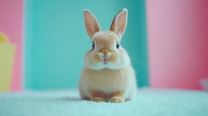A full-body shot of a brown rabbit with shiny fur, standing on a bright white background, exuding joy and playfulness with a warm expression.