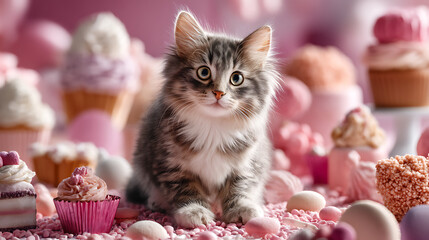 Cute cat with fluffy fur and big eyes surrounded by colorful macarons in soft light dreamy kawaii style