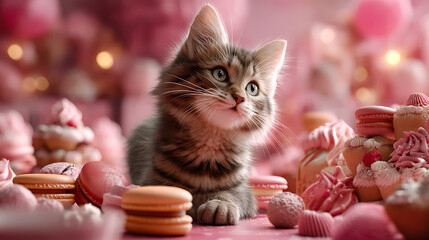 Cute cat with fluffy fur and big eyes surrounded by macarons soft light dreamy environment kawaii style fantasy glow