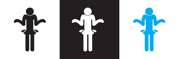 Poor person empty pockets icon .  Vector  for websites, mobile interfaces, presentations,  banner, visual branding etc. Vector illustration. isolated on white and black background. EPS 10
