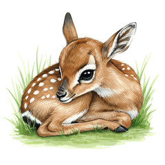 Watercolor illustration of a fawn resting in green grass patch artwork