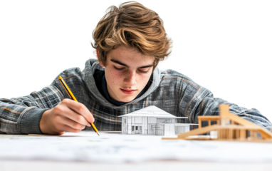 A high school student designing architectural models as part of a creative project isolated on white background PNG
