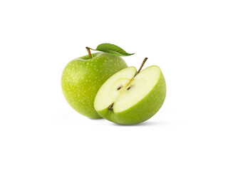 Green fresh apple with leaf and half isolated with clipping path.
