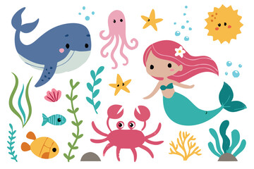 Whimsical Underwater World with Cute Mermaid, Playful Sea Creatures, and Vibrant Ocean Life – Colorful Cartoon Marine Illustration with Fish, Coral, and Starfish | colorful Sea Design.