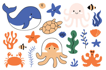 Naklejka premium Whimsical Underwater World with Cute Mermaid, Playful Sea Creatures, and Vibrant Ocean Life – Colorful Cartoon Marine Illustration with Fish, Coral, and Starfish | colorful Sea Design.